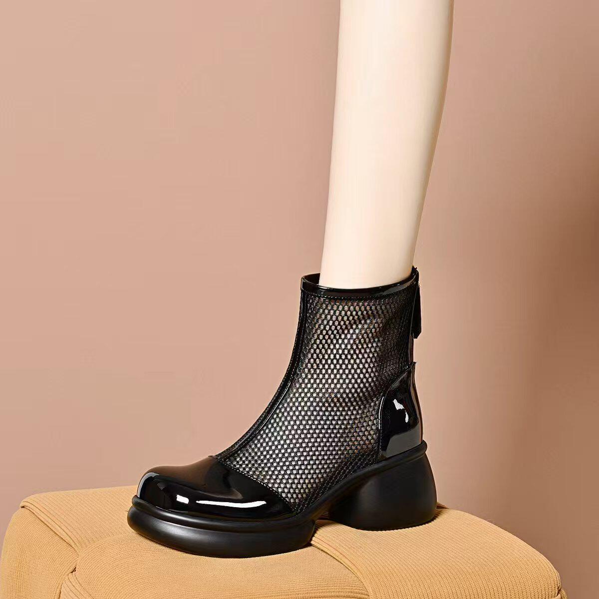 Sandal nữ đế dày gót vuông lưới thoáng khí phong cách La Mã mũi tròn đế mềm — màu đen