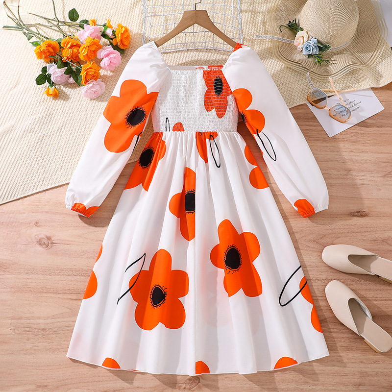 Mädchen Langarmkleid Mit Blumenmuster Modisches Herbstkleid_voghion.com