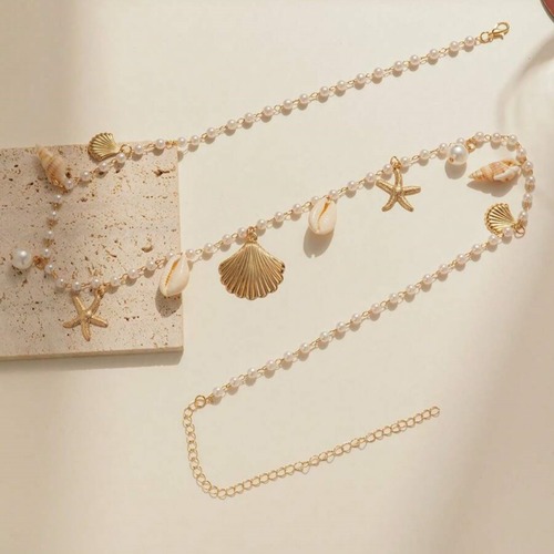 Bohemian Beach Fake Pearl Shell Starfish Waist Chain for Women Bikini Spice Body Chain