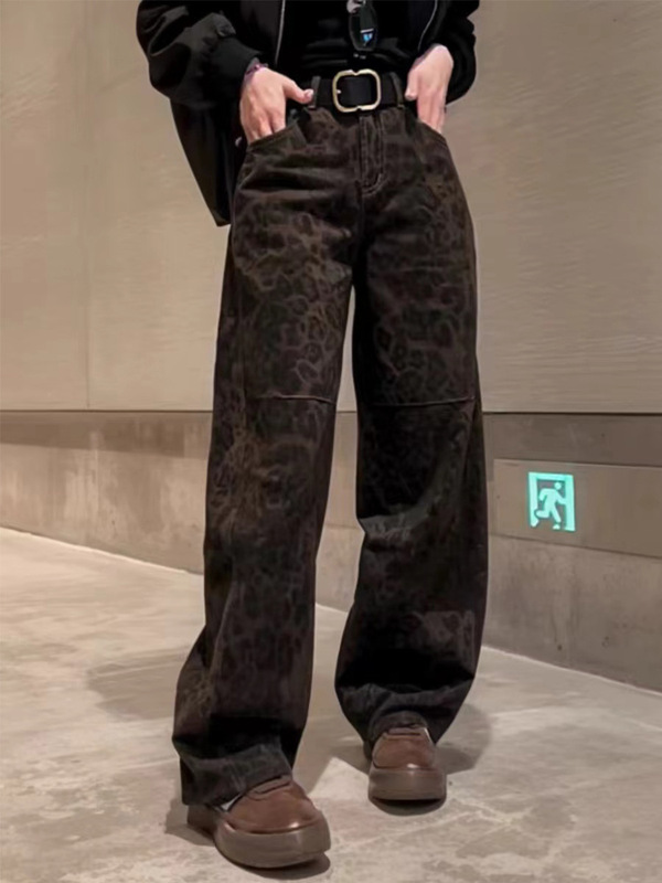 大码美式豹纹直筒牛仔裤女2025秋季胖mm宽松高腰显瘦阔腿弯刀裤子|undefined