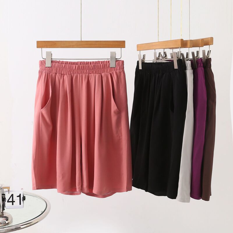 Twill Cotton Solid Color Short Skirt Pants for Women, Summer New Elastic Waist Casual Outerwear Pocket Knee-Length Shorts