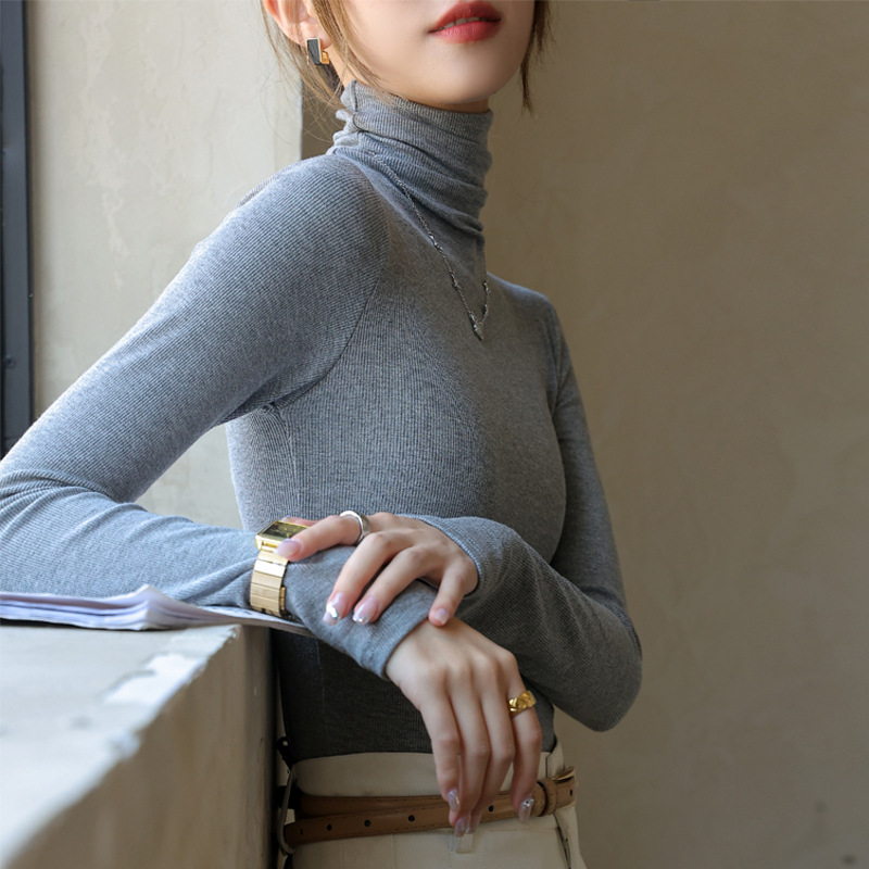 Q 엄선된 여성용 두꺼운 모달 스레드 바닥 셔츠, 가을 겨울 하이 칼라 긴팔 슬림 이너 티셔츠