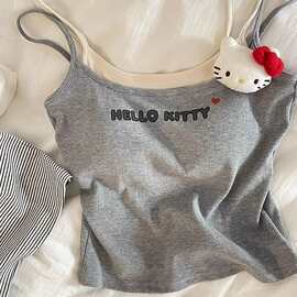 2025可爱纯色背心睡衣简约风带胸垫夏季假两件吊带短裤家居服套装