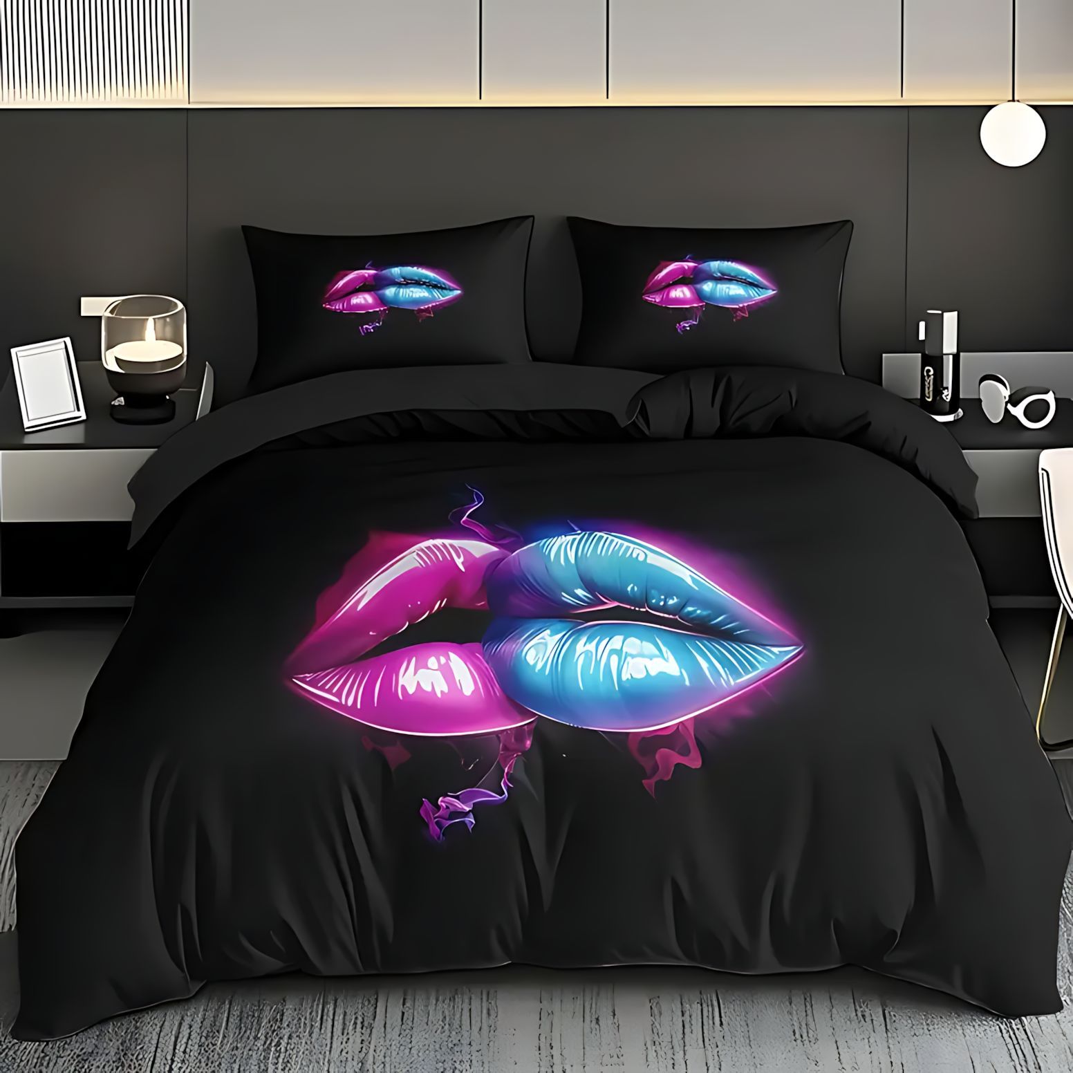 TEMU / JIT comercio exterior sexy labios temático patrón de impresión digital HD colcha de cama set