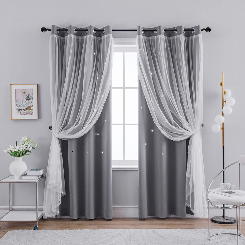 On behalf of the finished product Amazon cross-border double curtain hollow star shading wear rod perforated short curtain curtains
