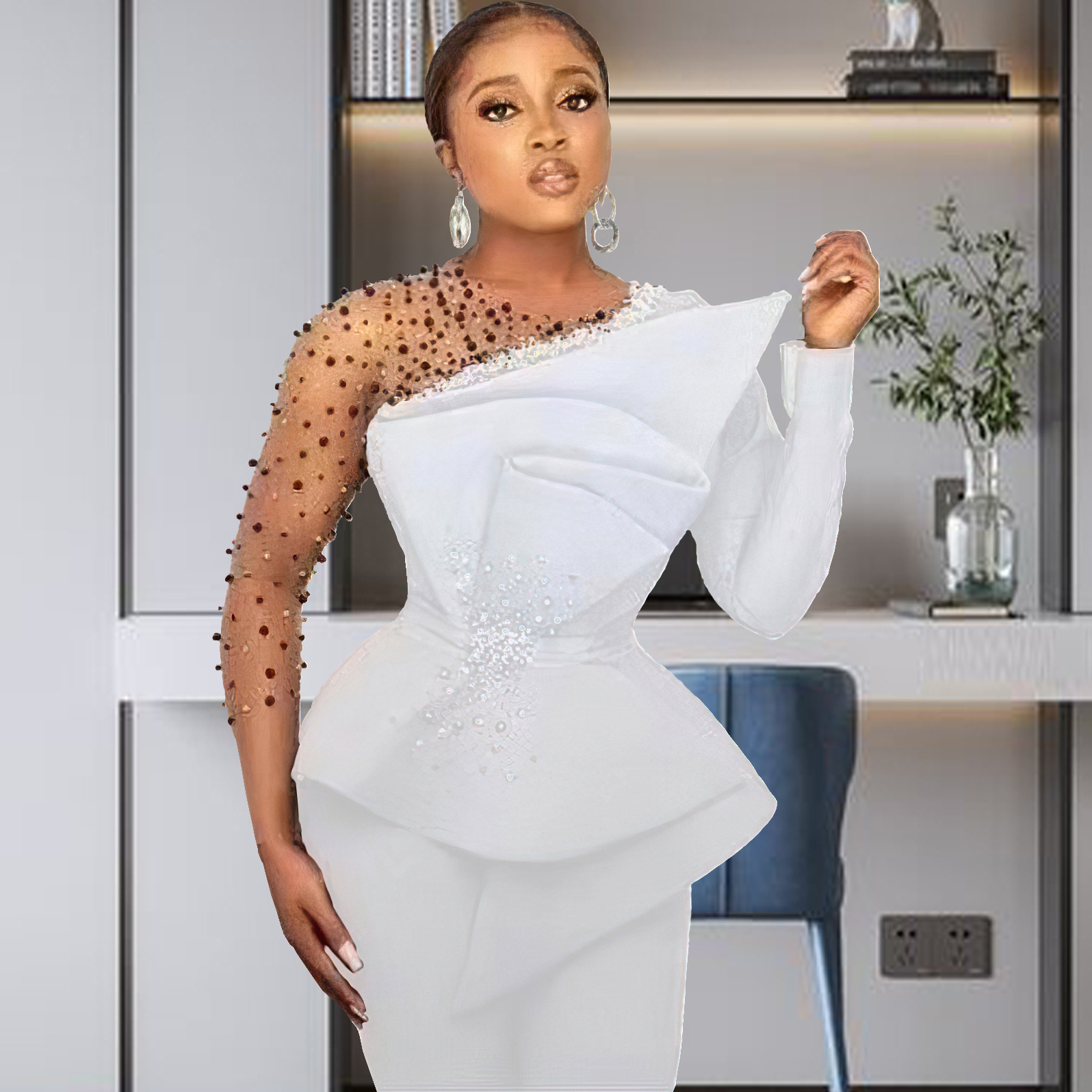 Completo pantalone donna taglie forti con dettagli in mesh e perle_voghion.com