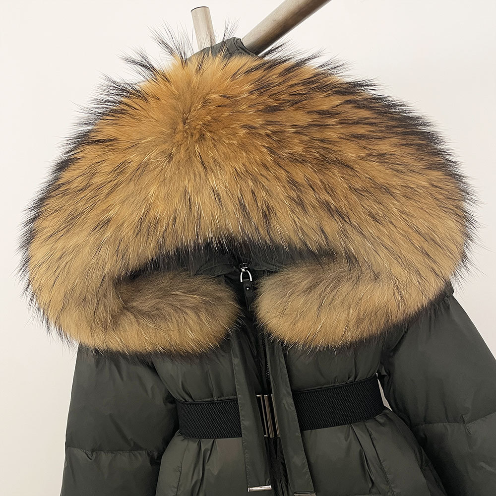 Sieviešu apģērbs Ziemas jauna augstas klases kapuces dūnu jaka sievietēm, vidēja un gara stila, tieva jostasvieta, silta, īsta kažokādas apkakle_voghion.com