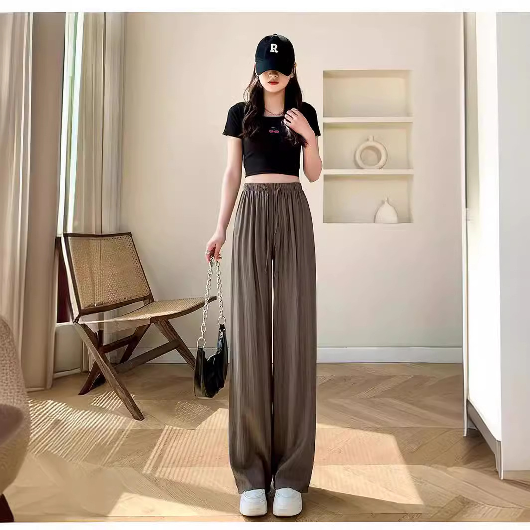 Pleated ice silk wide-leg pants summer thin high waist draping straight loose casual mopping loose lazy women's pants