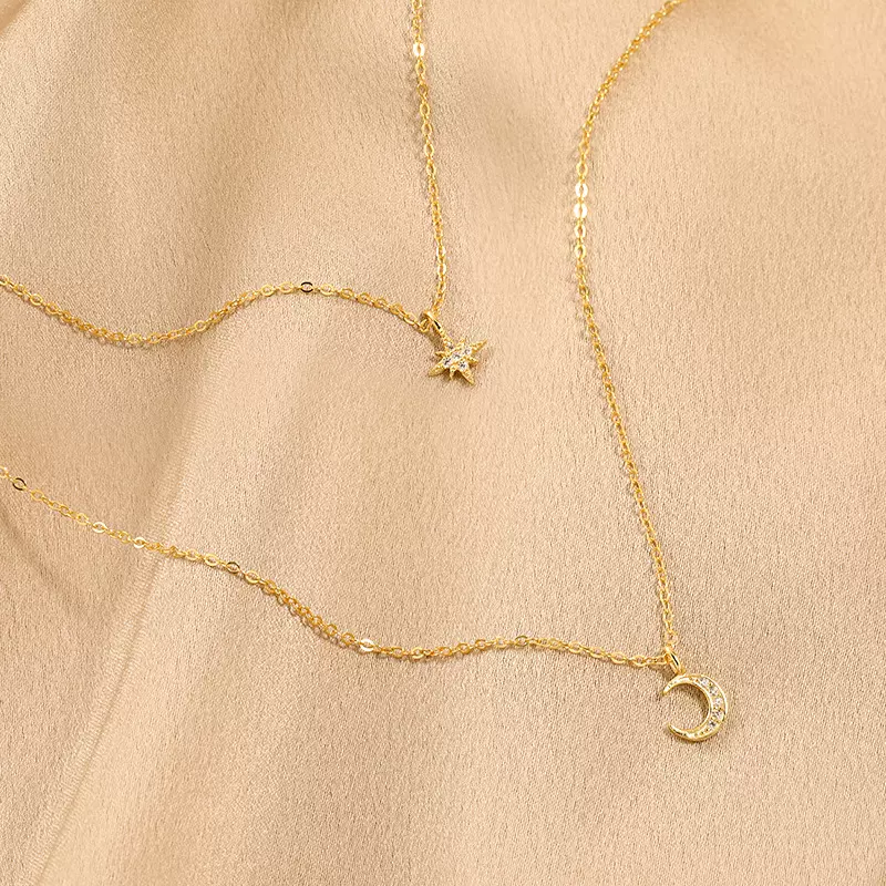 跨境热销 s925纯银双层月亮六芒星星项链女简约时尚欧美风锁骨链