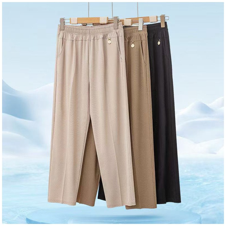 A generation of 2025 summer new ladies show thin mother casual pants elastic waist solid color pocket