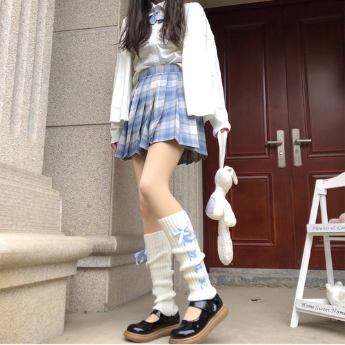 Japanese cute cross lacing JK socks autumn and winter warm leg sleeve long tube socks vertical stripe lolita pile socks 