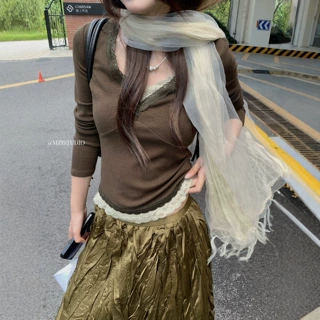 MZI STUDIO秋季韩系甜美风百搭显瘦蕾丝花边套头V领长袖T恤13567