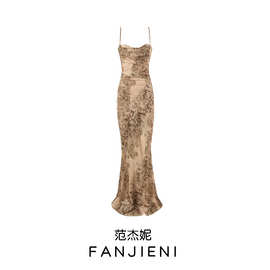 ZR外贸批发 欧美风女装 时尚修身金色印花缎面超长晚礼服连衣裙