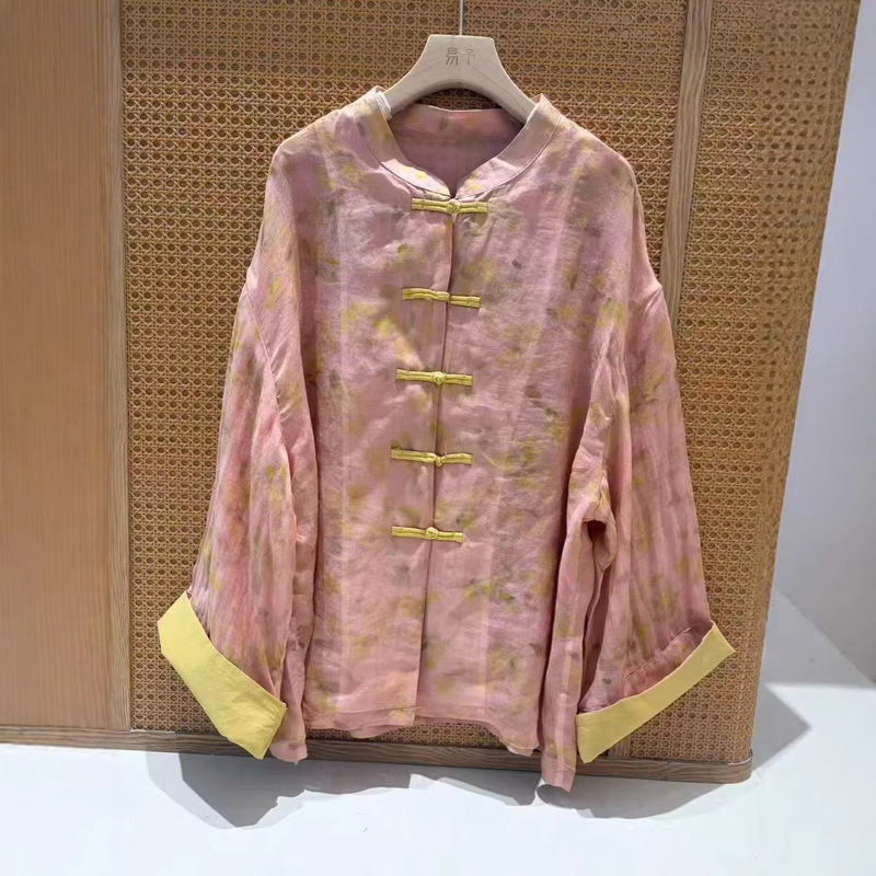 2026 Spring and Autumn New Printed Ramie Stand Collar Blouse Retro Artistic Loose Color-Block Button-Up Women's Top 2026 Spring and Autumn New Printed Ramie Stand Collar Blouse Retro Artistic Loose Color-Block Button-Up Women's Top