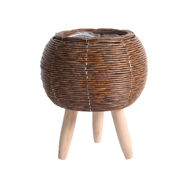 Estilo nórdico ratán creativo maceta soporte de paja cesta de flores sala de estar balcón piso soporte de flores decoración de escritorio