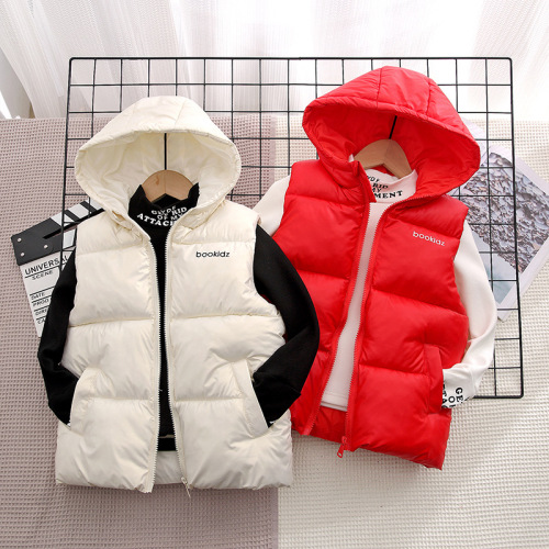 Children's new wash-free down cotton vest with hood for autumn and winter, unisex, for big and small children, outerwear style lapel jacket