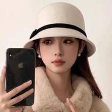 高品质毛呢盆帽法式纯羊毛蝴蝶结小礼帽秋冬气质高级感渔夫马术帽