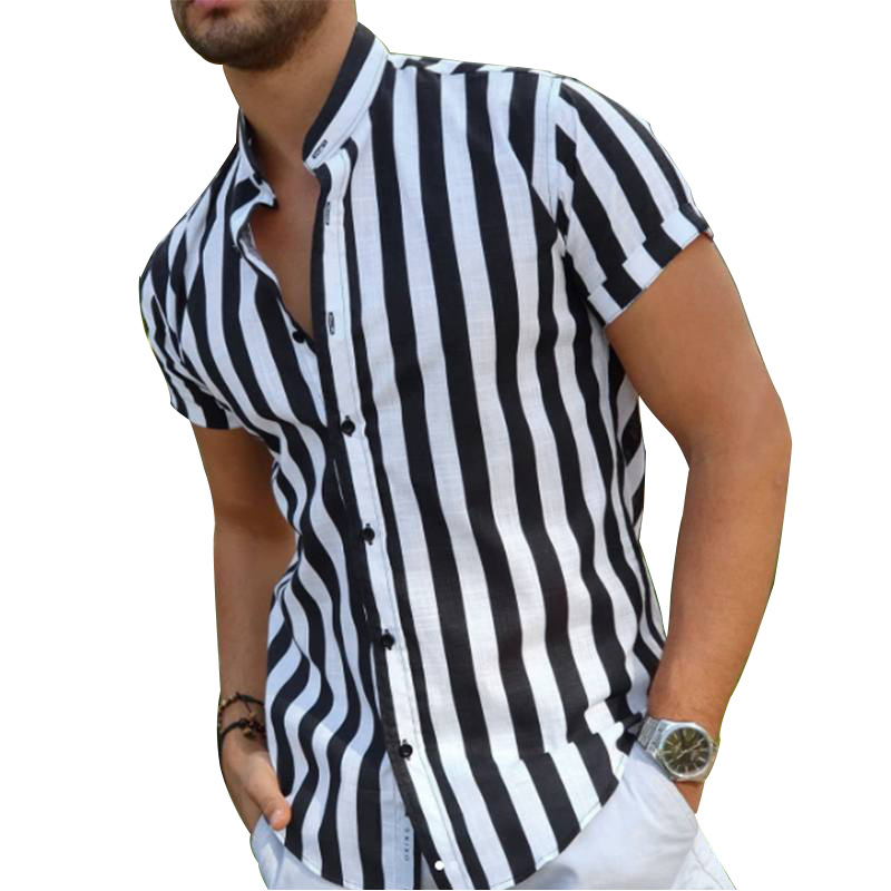 Summer men's new casual short sleeved stand up collar striped shirt_voghion.com