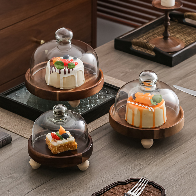 Pastel alto de madera de acacia, postre, tazón de fruta, plato de pan, plato de exhibición de restaurante de hotel, cubierta de vidrio a prueba de polvo