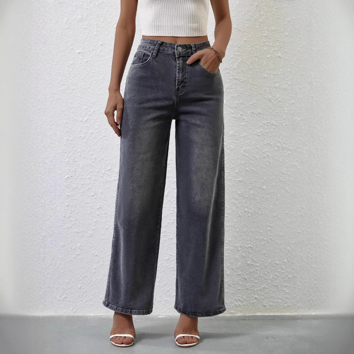 2025 Cross-Border European And American Fashion Casual Stretch Women's Quality Straight High-Waisted Wide-Leg_ecoleips.com