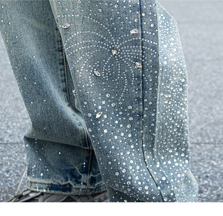Men's Rhinestone Jeans Straight Leg Denim Pants Trendy Streetwear_voghion.com