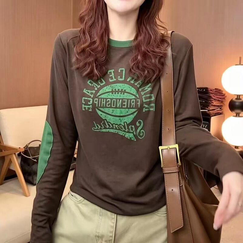 [High-quality 40-count 92% cotton 8% spandex 210gsm fabric + back-neck design] New retro letter-print long-sleeve T-shirt for women