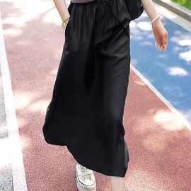 醋酸缎面a字半身裙女2024夏季新款高腰垂感休闲直筒中长款薄裙子