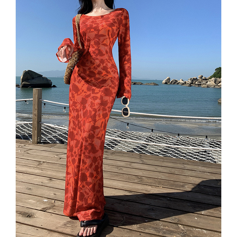 2025新款旗袍女高级感改良新中式连衣裙摩洛哥玫瑰印花长袖连衣裙|undefined