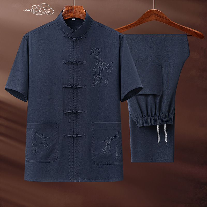 Chinese-style Tang suit men's summer short-sleeved suit with bamboo jacquard embroidery, stand-up collar, and frog button casual two-piece set