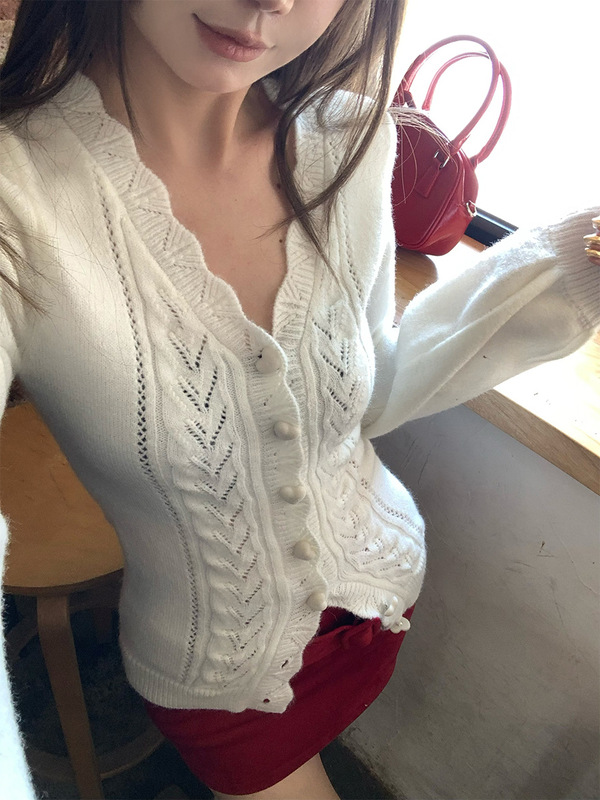 初雪夕暮/织风私语 V领毛针织开衫女修身显瘦外搭衣秋|undefined
