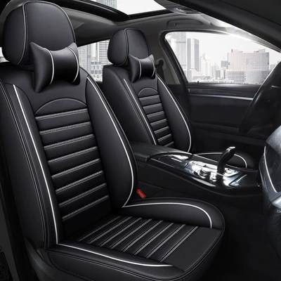 Four seasons seat cover surrounded by leather universal cushion for ice silk seat cover car seat cover temu foreign trade wholesale (Universal seat cover) - black-white-full-leather-standard-version