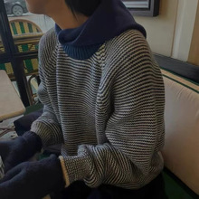 韩代款文艺复古风细条纹套头毛衣女秋冬新款慵懒百搭针织衫上衣潮