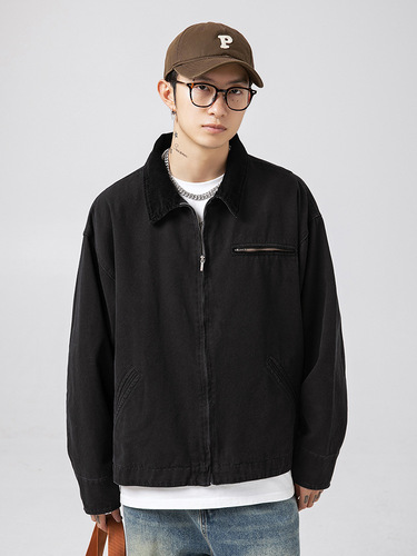 Vintage distressed washed Detroit jacket—spring new arrival, Japanese-style loose-fit corduroy patchwork lapel coat Q.