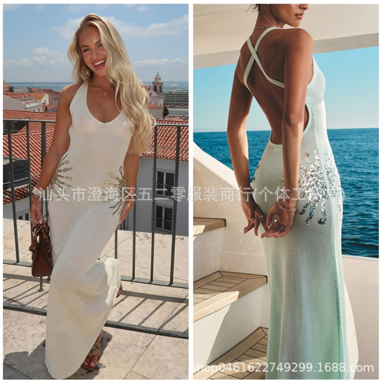2026 Cross-Border Summer New Style Aliexpress Women's Handmade Sequin Dress European and American Sexy Strap Dress
