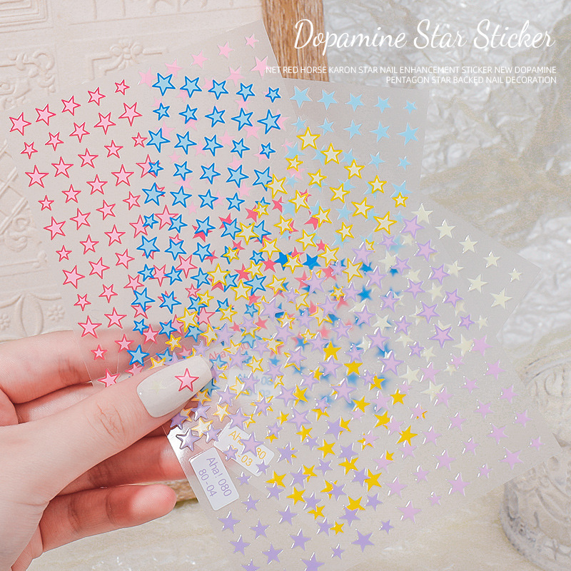 Online rojo macaron estrella uñas pegatinas 2023 nueva dopamina cinco puntas estrella adhesivo decoración de uñas al por mayor