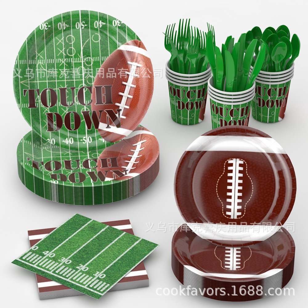 Nueva bandeja de papel de fiesta con tema de fútbol americano, taza de papel, mantel, juego de vajilla, decoración de fiesta de Super Bowl
