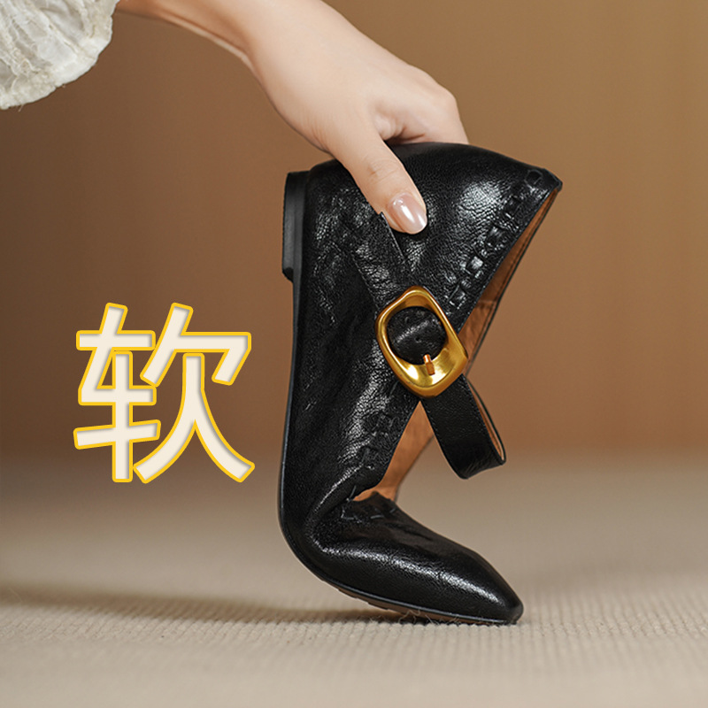 Giày Mary Jane nữ quai ngang da cừu gót thô 5 cm phong cách Pháp cổ điển — đen chi tiết 1