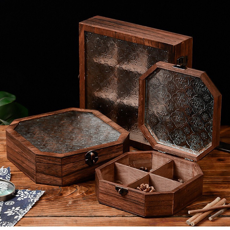 Nine-Grid Begonia Flower Glass Storage Box Makeup Table Decoration Retro Desktop Miscellaneous Organizer Flip-Top Wooden Box