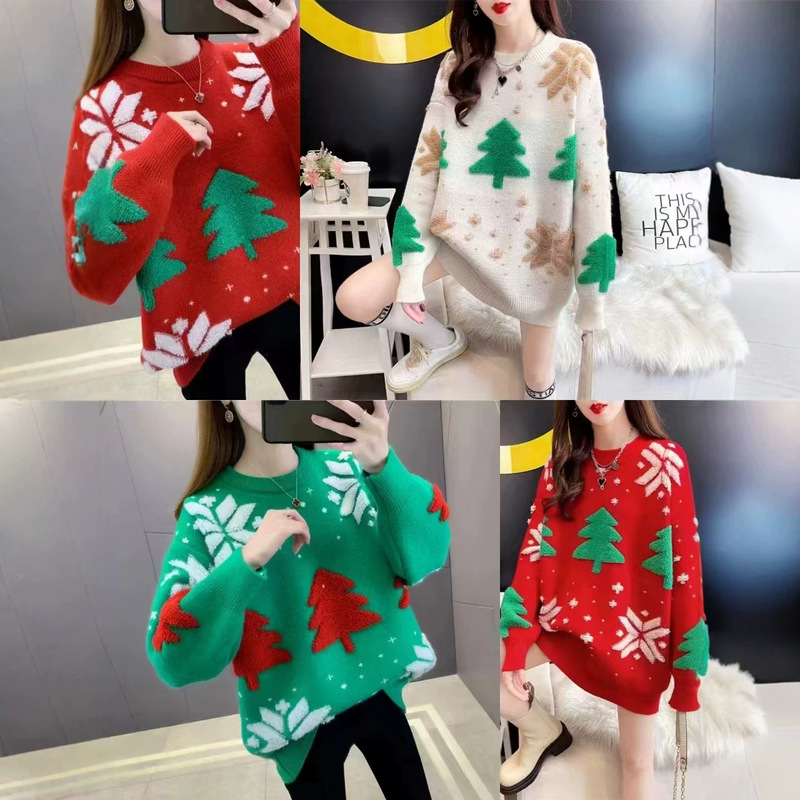 2026 Fall/Winter New Sweet Loose Round Neck Pullover Long Sleeve Thick Knit Sweater Versatile Christmas Casual Sweater