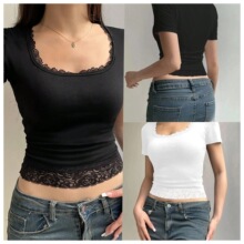 欧美2025春夏季女士甜辣Y2K风方领蕾丝边纯色休闲针织短袖T桖上衣