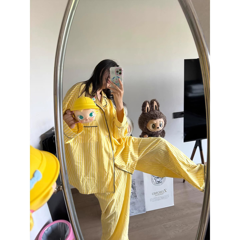 Yellow Striped Pajamas for Women 2025 New Spring and Autum Long-Sleeved Pants Casual Lazy Style Home Wear Set