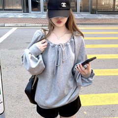 绑带斜肩宽松卫衣女新款秋季韩系慵懒风套头时尚感长袖上衣ins潮