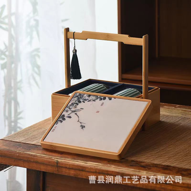 竹木茶叶礼品盒中秋送礼包装盒散装小罐茶手提盒竹制食盒茶叶木盒