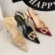 312-K202 French high heels for women, pointed toe, shallow mouth, patent leather, fine heel, gold rhinestone, V-buckle, straight strap, single shoe for women