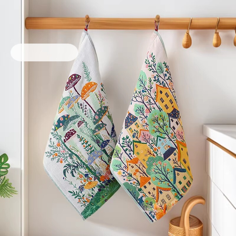 Mushroom Cross-Border Cartoon Jacquard Four-Layer Cotton Gauze Square Towel Bath Towel Soft Breathable Gift Large Bath Towel