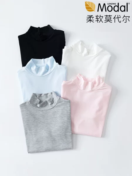 Children's Mid-Neck Base Layer Shirt for Spring, Autumn, and Winter, Modal Thin Style, Boys' and Girls' Black and White Half-Turtleneck Autumn T-Shirt