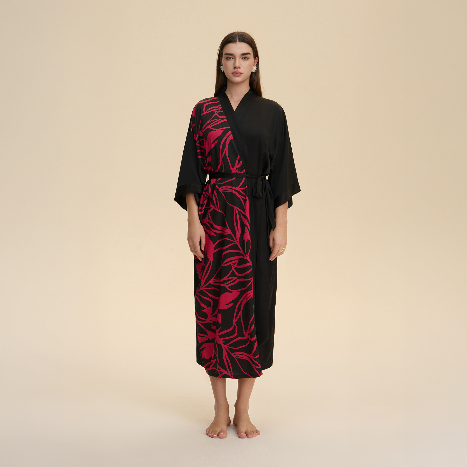 Nuevo pijama de tamaño grande transfronterizo mujer satén suave chiffon kimono cuello bata larga ropa de casa WP3975