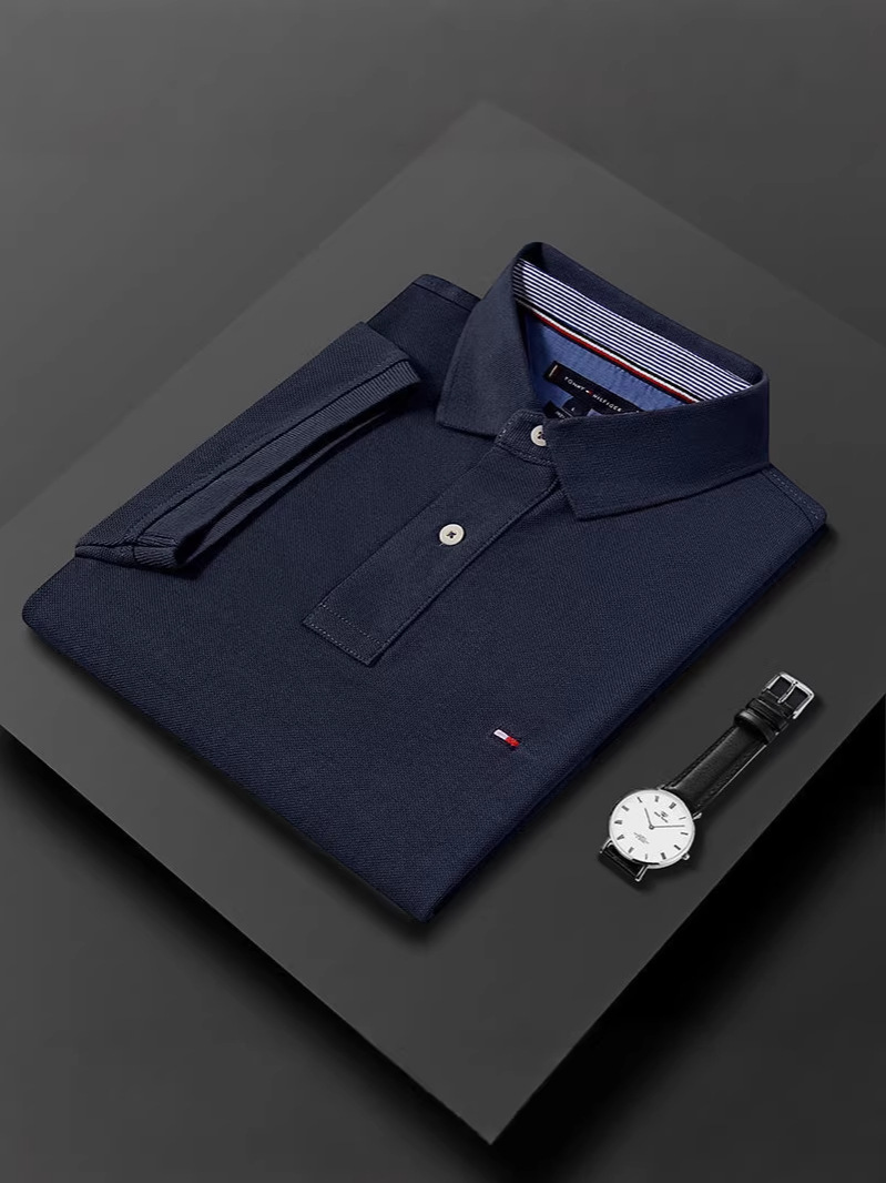 Original 26 New Products Tommy Pure Color Men's Polo Shirt Short-Sleeved Large Size Casual T-Shirt Loose Cotton Top