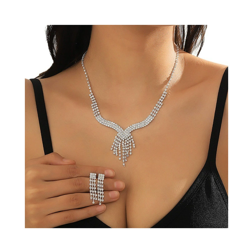 Трансграничный источник поставок Коготь цепочка с кисточкой, полный бриллиантов, серьги-ожерелье набор простой ретро темперамент, универсальный цепочка ключицы женщина