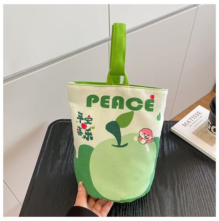 油画风手提包可爱印花单肩包户外便携手拎水桶包卡通学生帆布袋潮|undefined